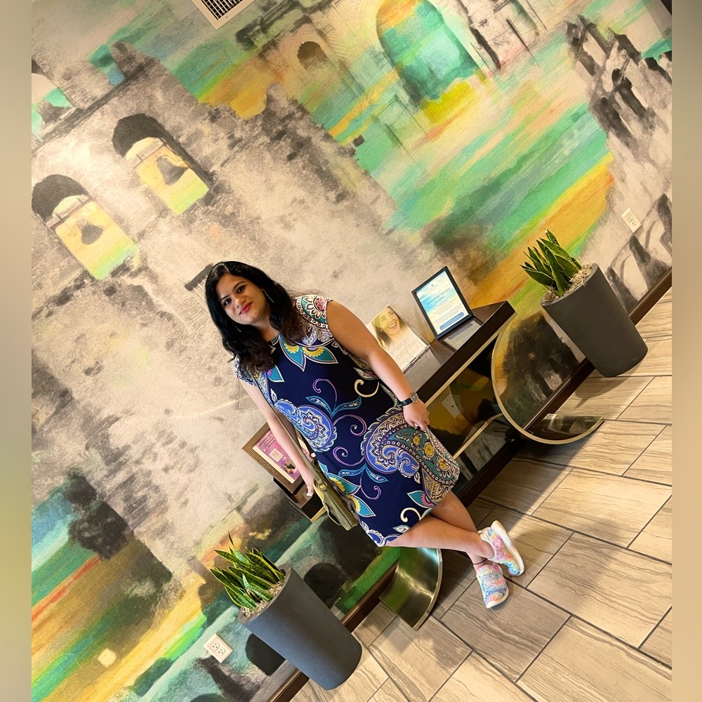 Chico’s, lovely multi color beautiful print casual dress